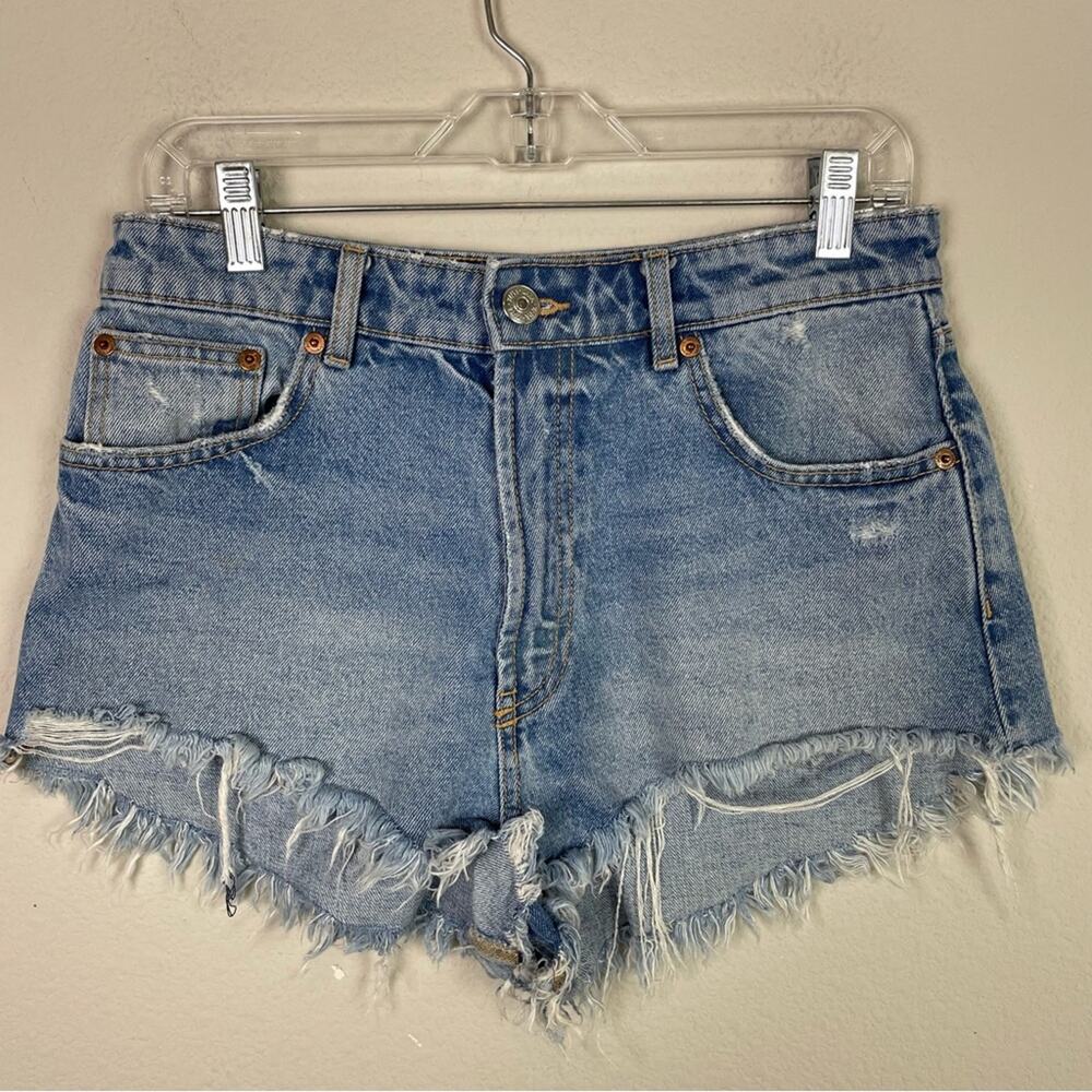 Zara Blue Denim Hi Rise Cut off Denim Shorts 8 - Picture 2 of 7